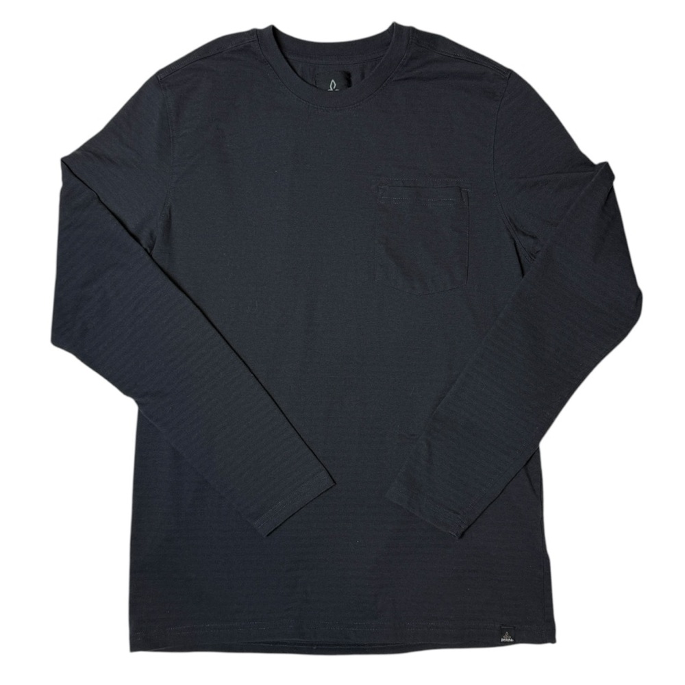 Prana Mens Long Sleeve Tee Pocket Crew Neck Black Stripe Medium Cotton Blend